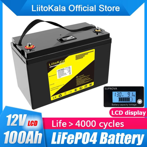 Акумулятор LiFePO4, LiitoKala, 12V 100Ah, з LCD дисплеєм, BMS smart