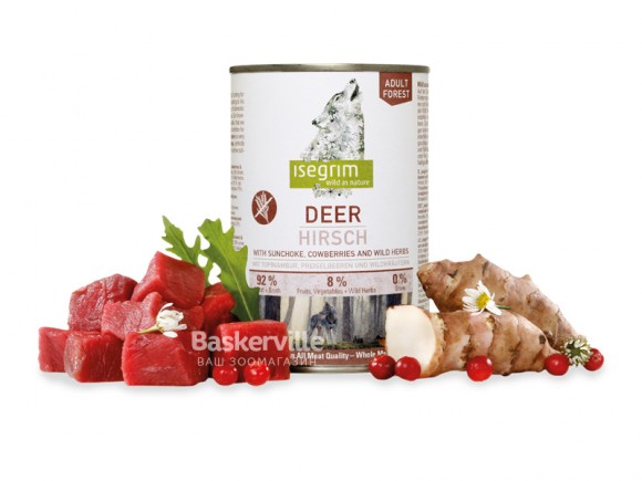Оленина з топінамбуром, брусницею та дикими травами. Консервований корм преміум класу для собак ISEGRIM Deer with Sunchoke, Cowberries & Wild Herbs