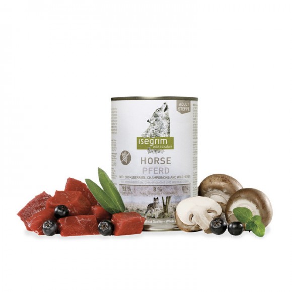 Конина, чорноплідна горобина, гриби і дикі трави. Консервований корм преміум класу для собак ISEGRIM Horse pure with Chokeberries, Champignons & Wild Herbs