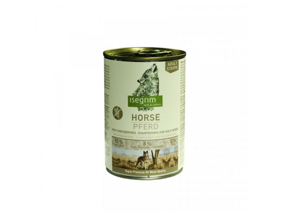 Конина, чорноплідна горобина, гриби і дикі трави. Консервований корм преміум класу для собак ISEGRIM Horse pure with Chokeberries, Champignons & Wild Herbs