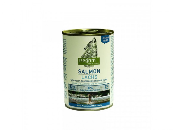 Лосось з просом, чорницею та дикими травами. Консервований корм преміум класу для цуценят ISEGRIM Junior Salmon with Millet, Blueberries & Wild Herbs