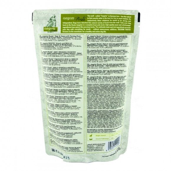 Оленина та дичина з коренем петрушки та сафлоровою олією. Консервований корм преміум класу для собак ISEGRIM Pouch Roots Deer & Game (410г)