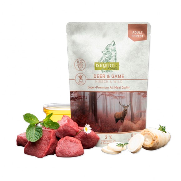 Оленина та дичина з коренем петрушки та сафлоровою олією. Консервований корм преміум класу для собак ISEGRIM Pouch Roots Deer & Game (410г)