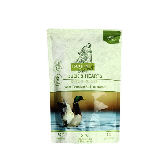 Качка з сердечками, овочами, лляним маслом та травами. Консервований корм преміум класу для собак ISEGRIM Pouch Roots Duck & Hearts (410г)
