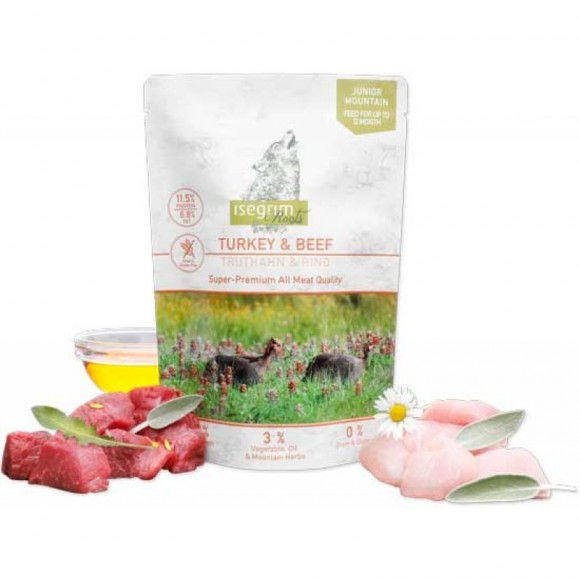 Індичка, яловичина, батат, лососевий жир і гірські трави. Консервований корм преміум класу для цуценят ISEGRIM Pouch Roots JUNIOR Turkey & Beef (410г)