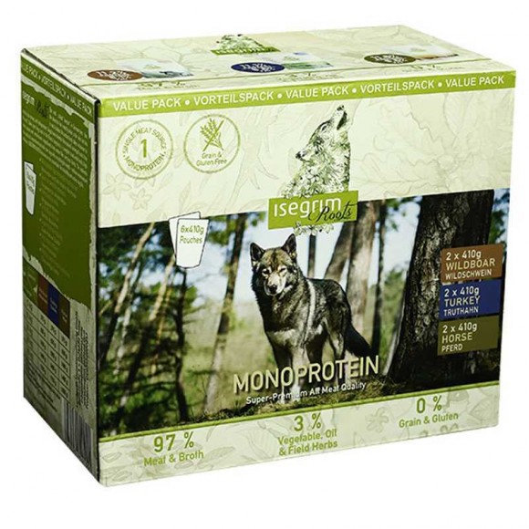 Консервований корм, монопротеїновий набір преміум класу для собак ISEGRIM Pouch Roots Multipack I  Monoprotein (6 паучів по 410г)
