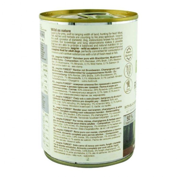 Оленина з ожиною, грибами та дикими травами. Консервований корм преміум класу для собак ISEGRIM Reindeer pure with Blackberries, Champignons & Herbs
