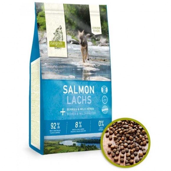 Сухий корм преміум класу для цуценят. Лосось з ягодами та дикорослими травами ISEGRIM River JUNIOR Salmon with Berries