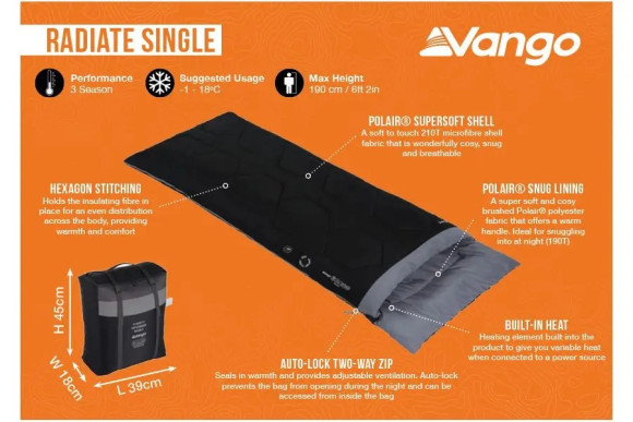 Спальний мішок з підігрівом Vango Radiate Single/-3°C Black Left (SBQRADIATB05TJ8) Спальний мішок з підігрівом Vango Radiate Single/-3°C Black Left (SBQRADIATB05TJ8)
